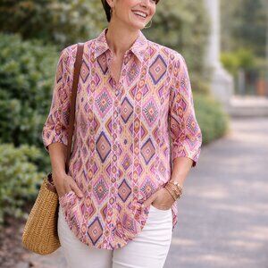 Chico’s Linen Aztec Ikat Geometric Tunic Shirt No-iron XL 3